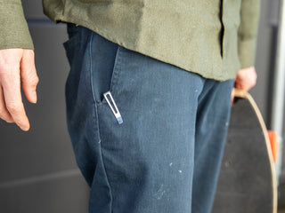 The Folsom EDC folding liner lock pocket knife in a pant pocket.