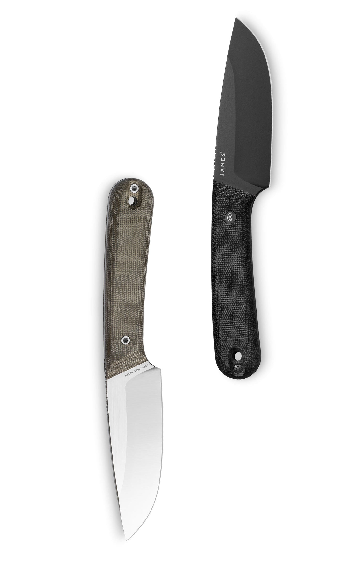 Two Hell Gap fixed blade camping knives vertically orientated.