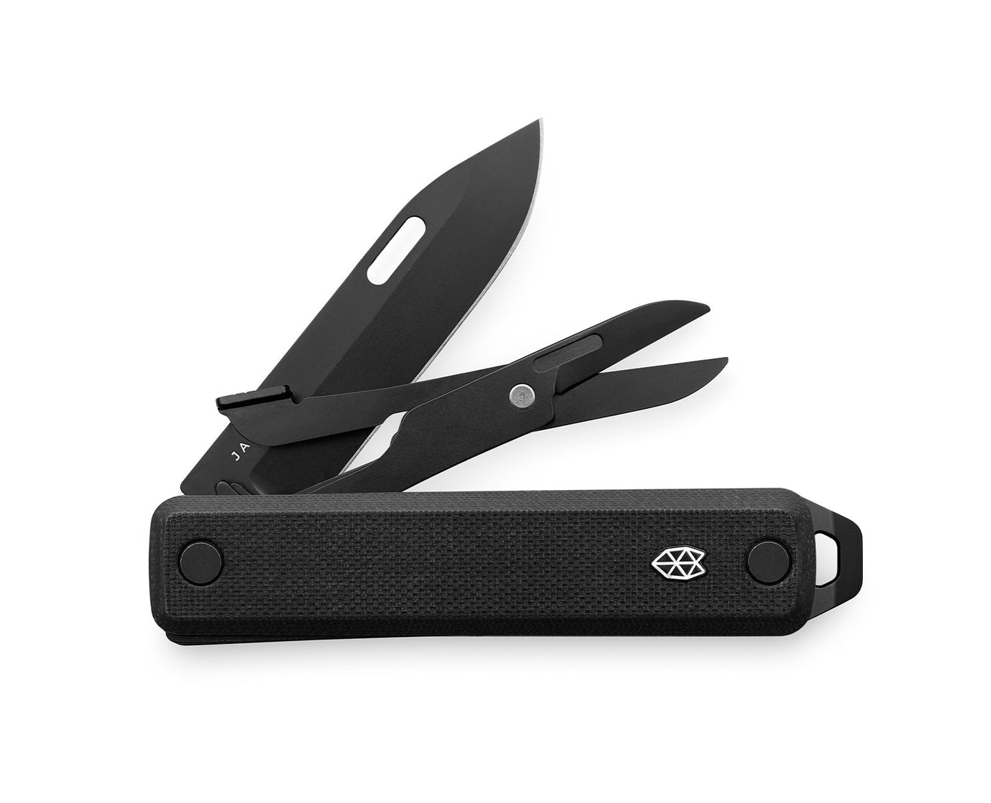 The Ellis EDC multi-tool knife with black handle and black tools.