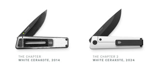 The original Chapter pocket knife and the new Chapter 2 titanium EDC frame lock knife.