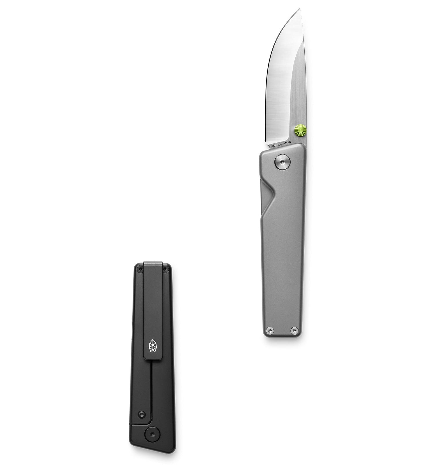 The Chapter 2 EDC frame lock titanium folding pocket knife open and closed.