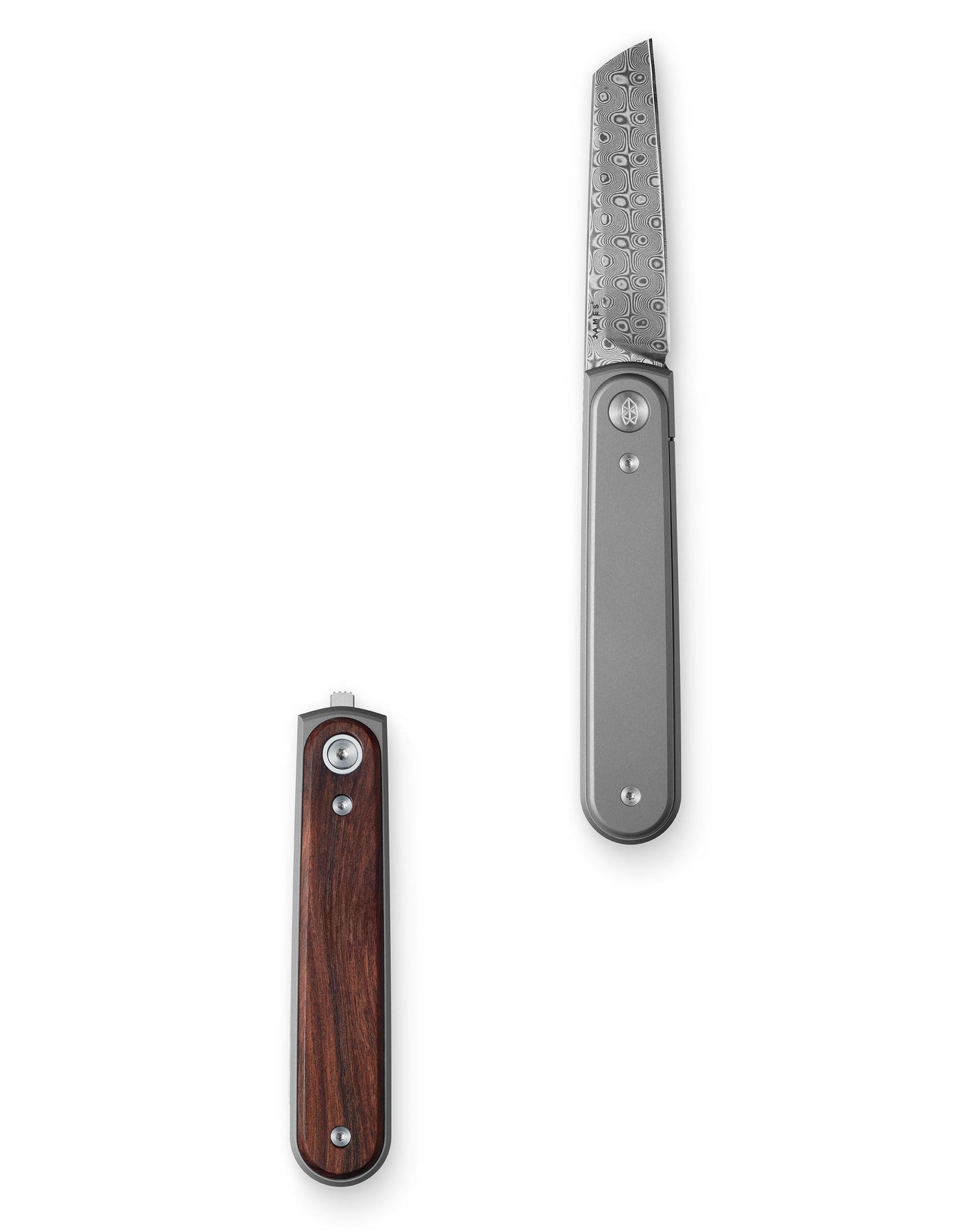 Two Duval flipper pocket knives with one closed and one opened.