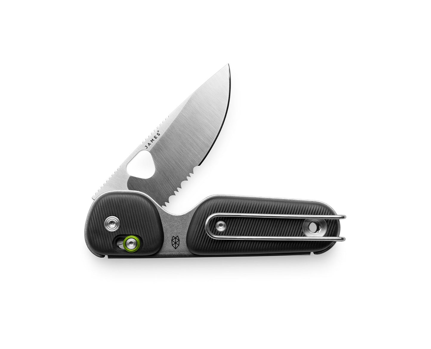 The Redstone EDC serrated folding slide lock pocket knife with black handle and serrated, stainless steel blade.