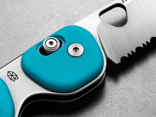 The slid elock of the glacier blue Redstone EDC folding slide lock pocket knife.