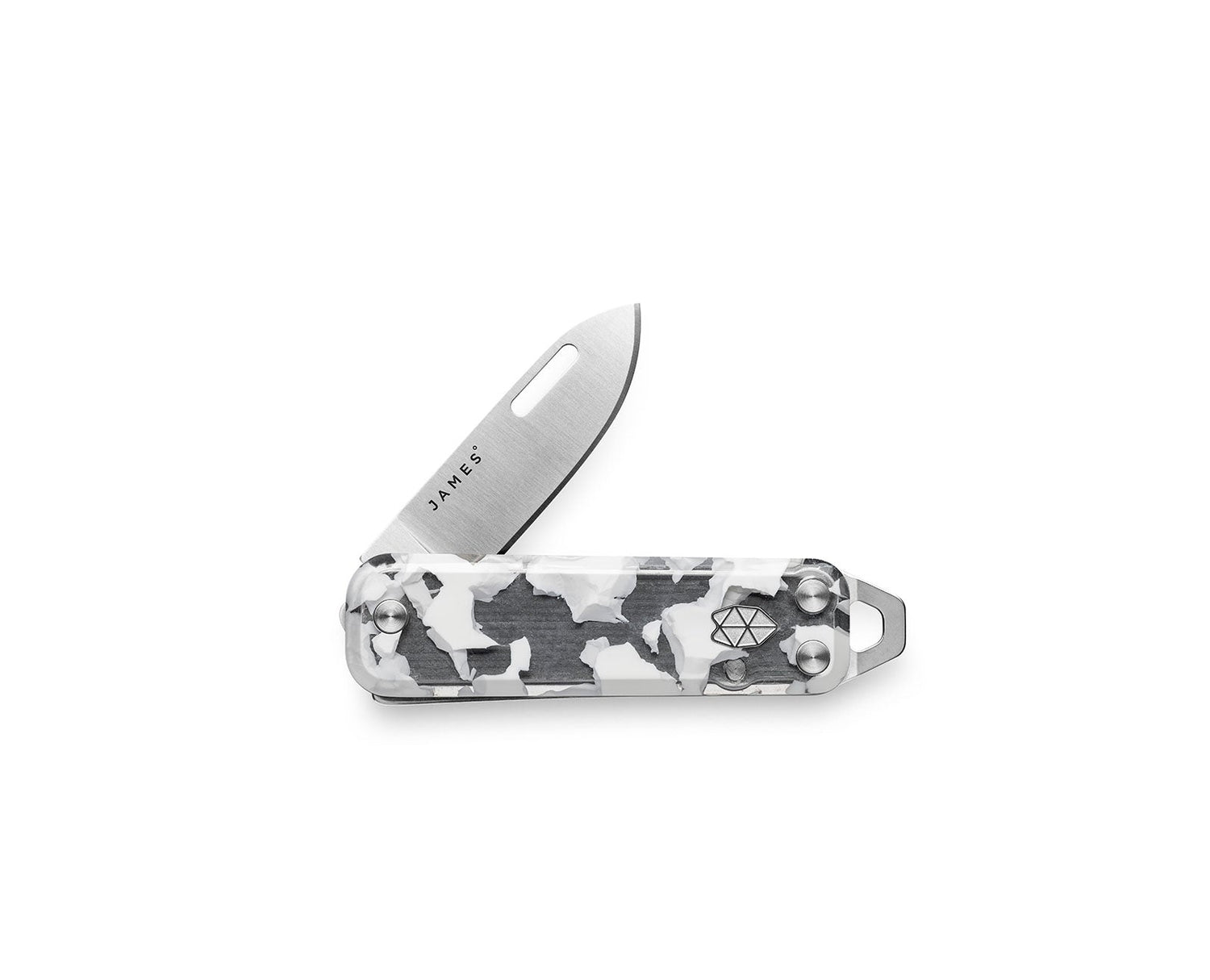 The Elko EDC keychain folding pocket knife with eco acetate arctic tortoise handle and stainless steel blade.
