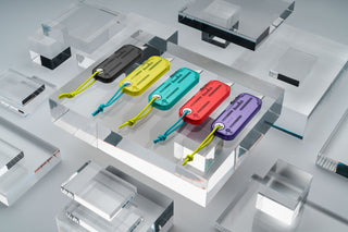 The Palmer Clear collection of utility box cutter knives on clear blocks.