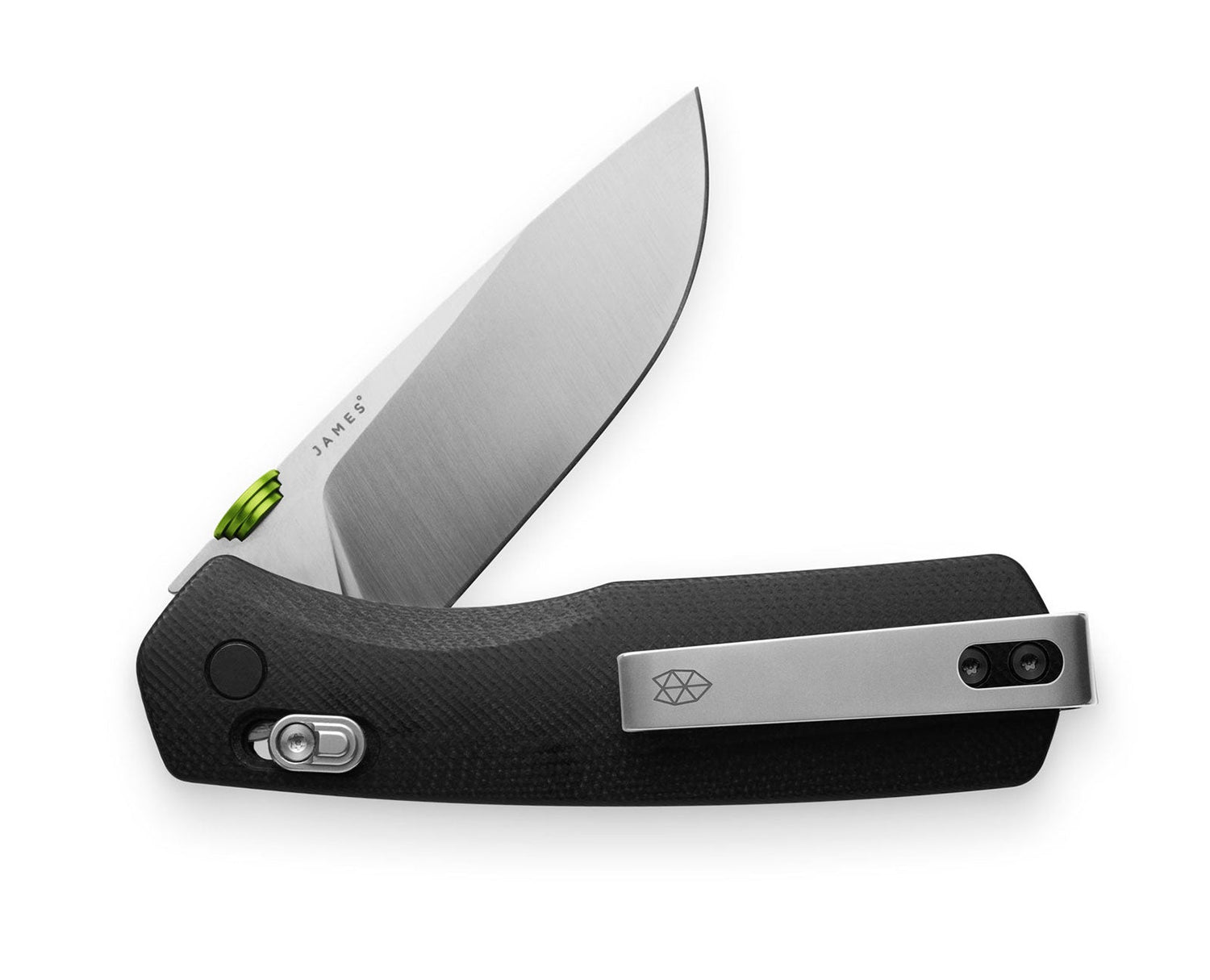 The Carter EDC slide lock folding pocket knife with black handle and stainless steel blade.