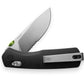 The Carter EDC slide lock folding pocket knife with black handle and serrated, stainless steel blade.