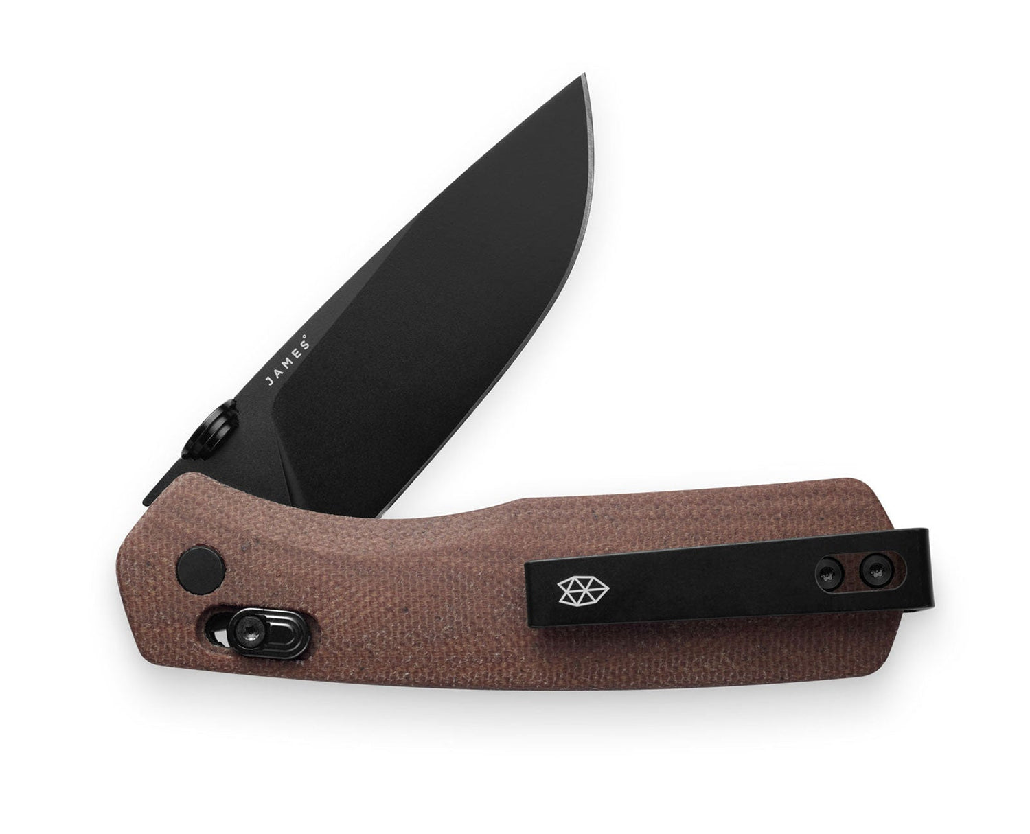 The Carter EDC slide lock folding pocket knife with natural micarta handle and black blade.