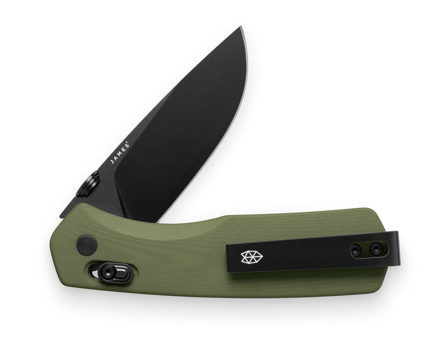The Carter EDC slide lock folding pocket knife with OD green handle and black blade.