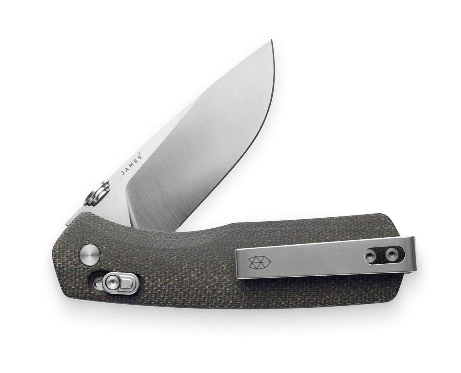 The Carter EDC slide lock folding pocket knife with OD green micarta handle and stainless steel blade.