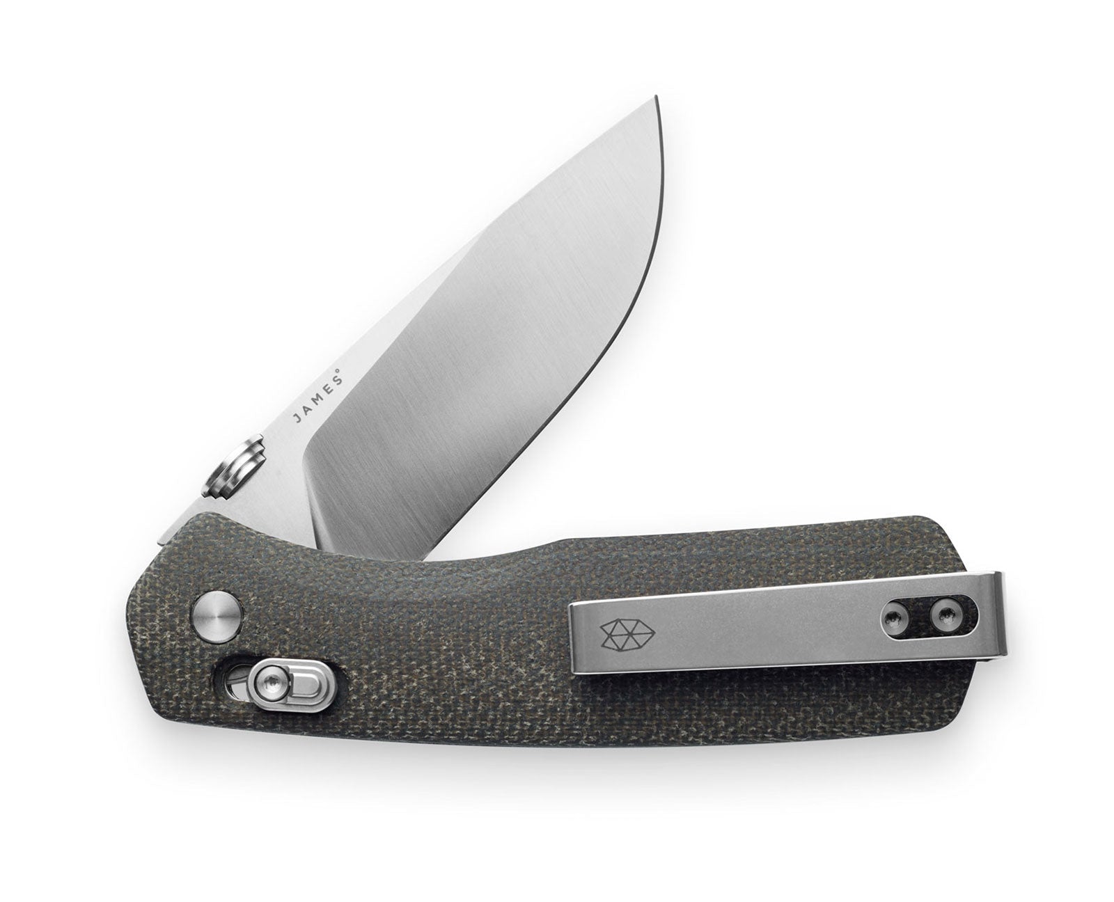 The Carter EDC slide lock folding pocket knife with OD green micarta handle and stainless steel blade.
