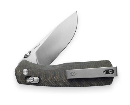 The Carter EDC slide lock folding pocket knife with OD green micarta handle and stainless steel blade.