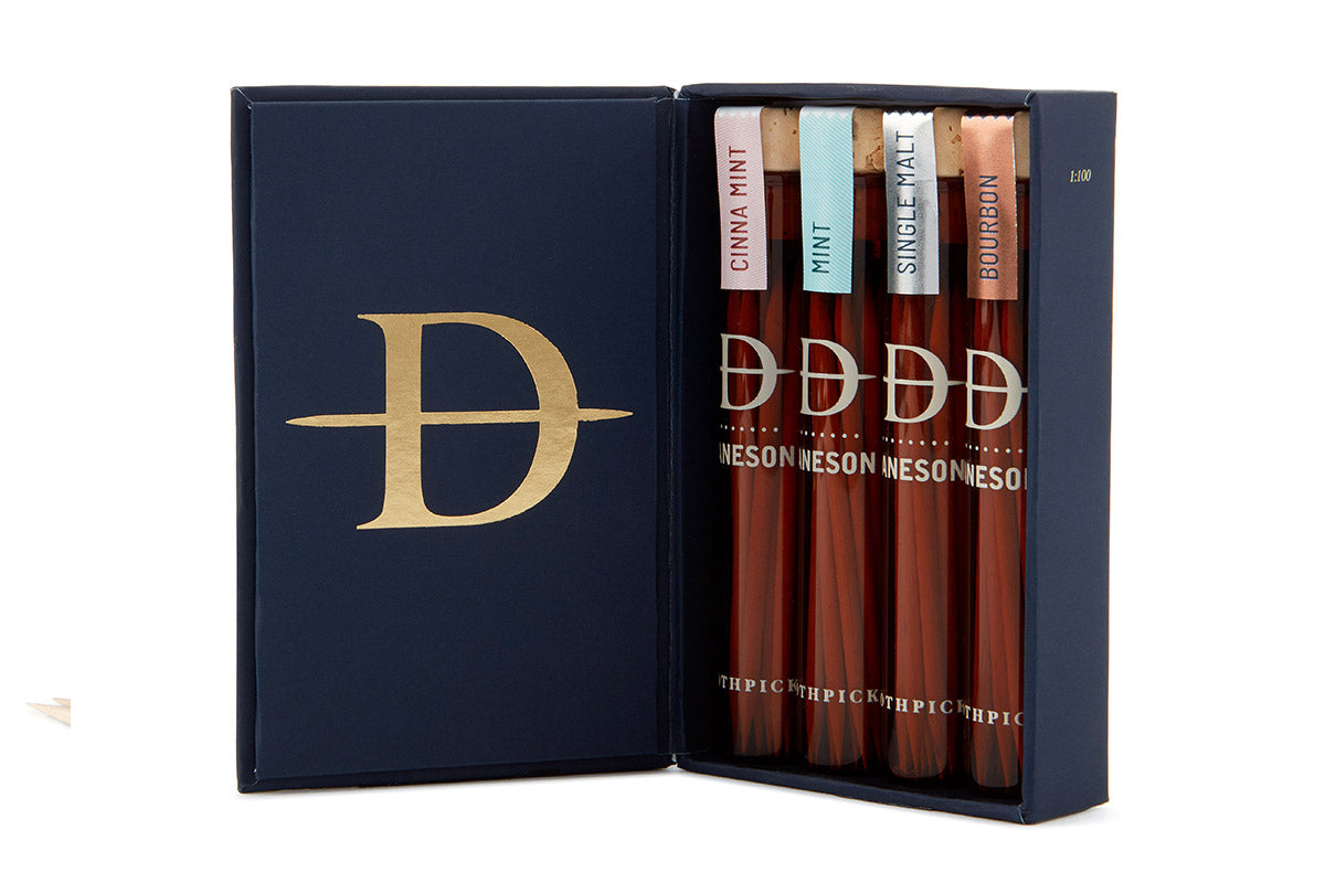 An open 4 pack of Danson flavored toothpicks displaying all the flavors.