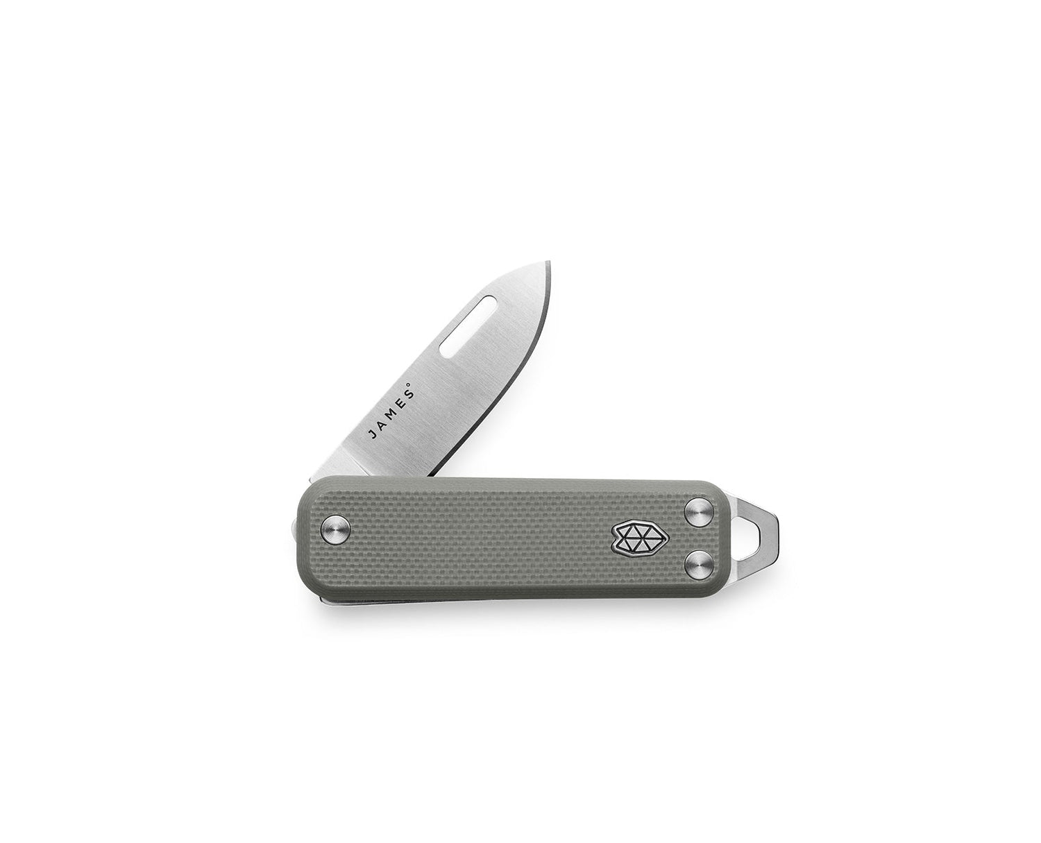 The Elko EDC keychain slip joint folding pocket knife with primer gray handle and stainless steel blade.