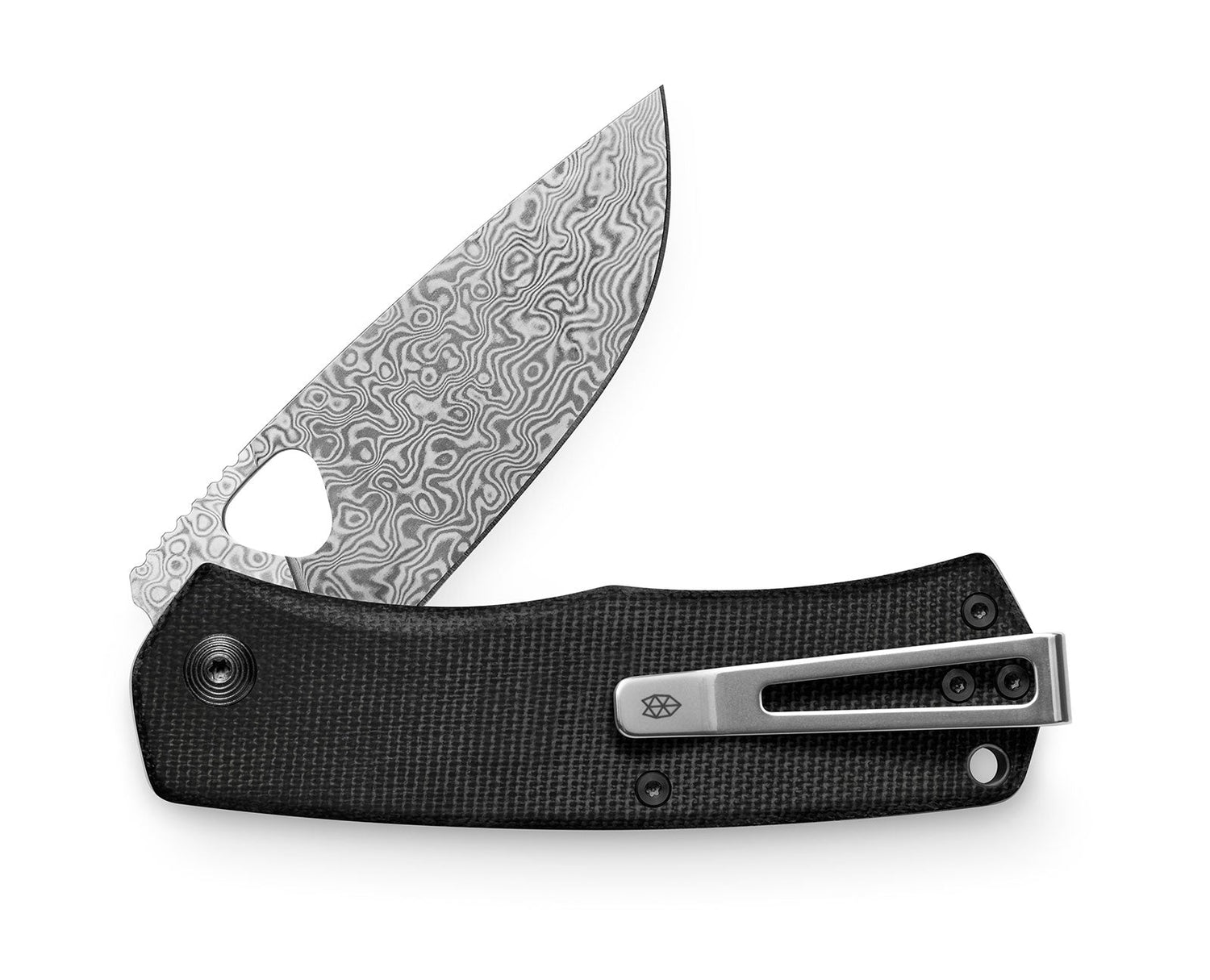 The Folsom EDC liner lock folding pocket knife with black micarta handle and damascus blade.