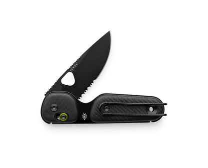 The Redstone EDC folding slide lock serrated pocket knife with black handle and black blade on a white surface.