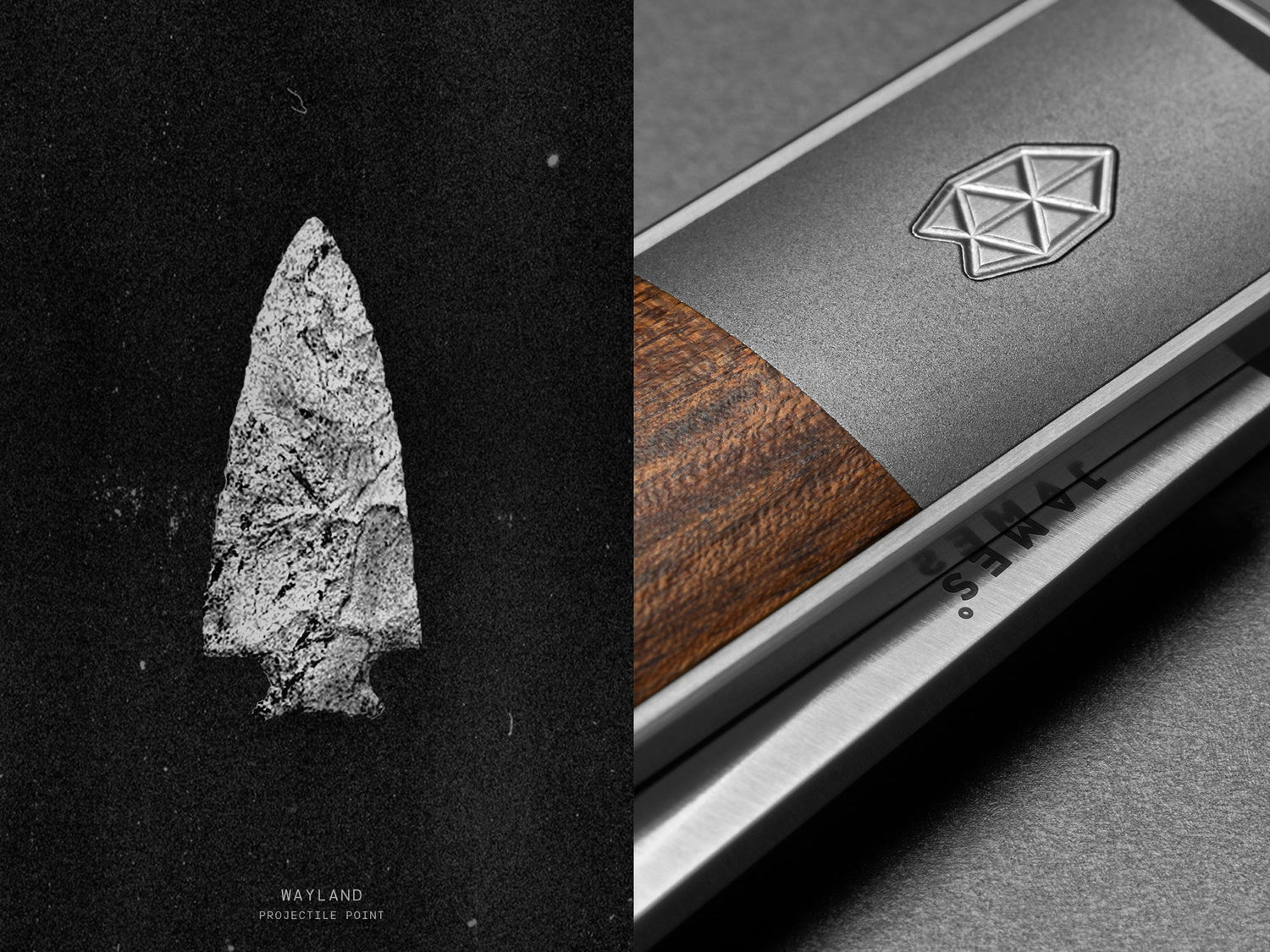 A detail of the Wayland pocket knife with a photo of the namesake Wayland arrowhead.
