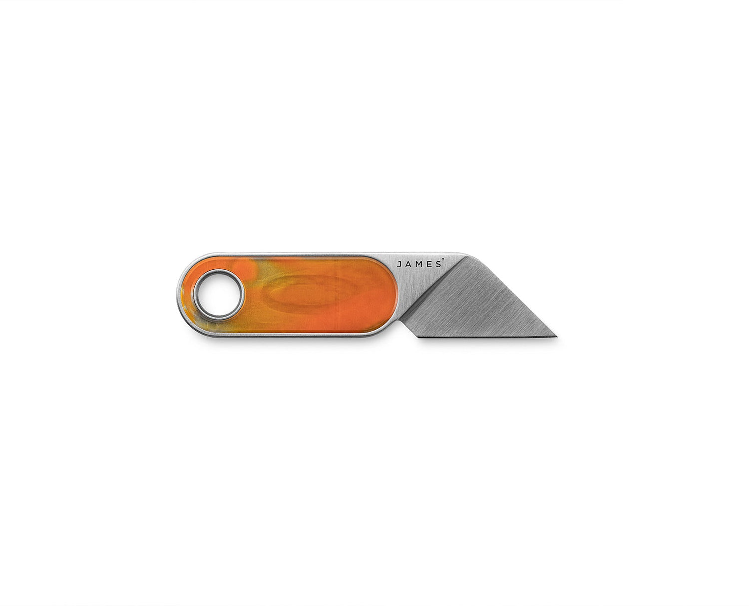 The Abbey mini fixed blade knife with tie dye orange handle and stainless steel blade.