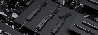 The James Brand all black collection of EDC tools including pocket knives, a keychain carabiner, and compact pen.