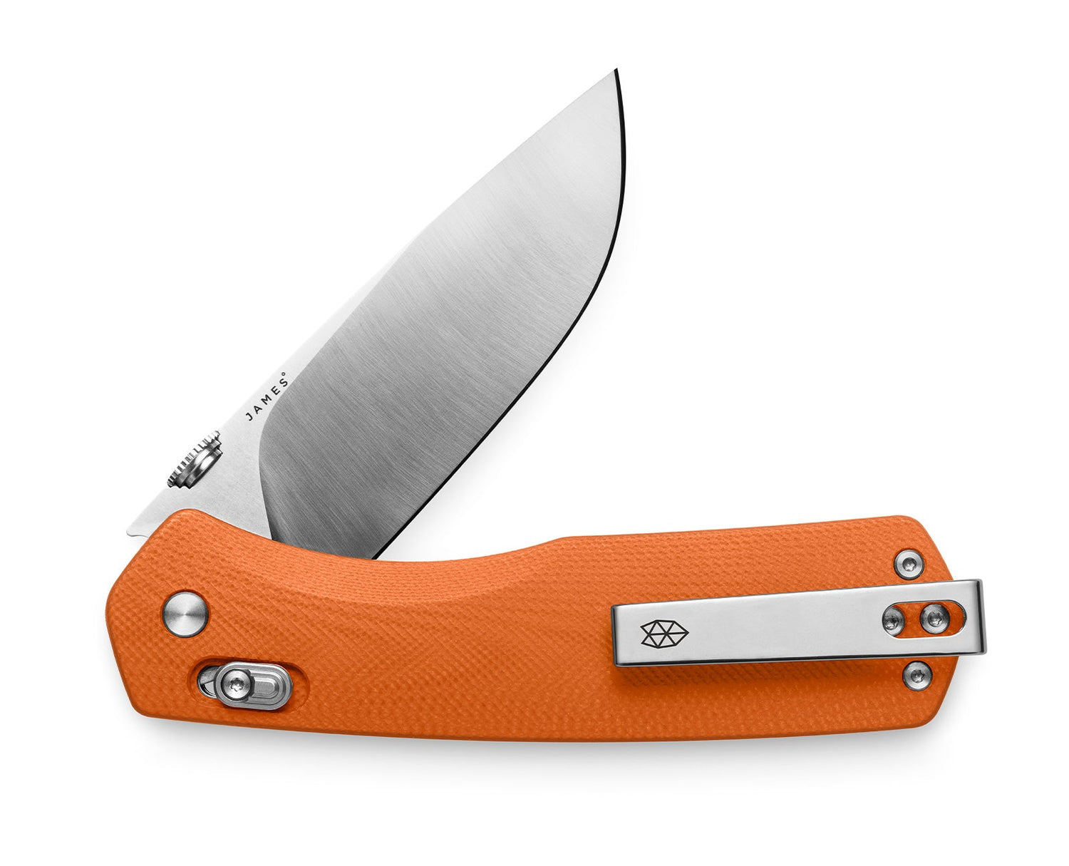 The Carter XL EDC folding slide lock pocket knife with orange handle and stainless steel blade.