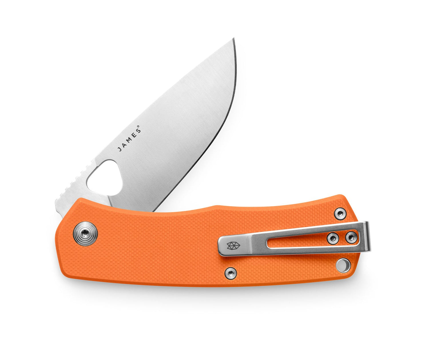 The Folsom EDC folding liner lock pocket knife with orange handle and stainless steel blade.