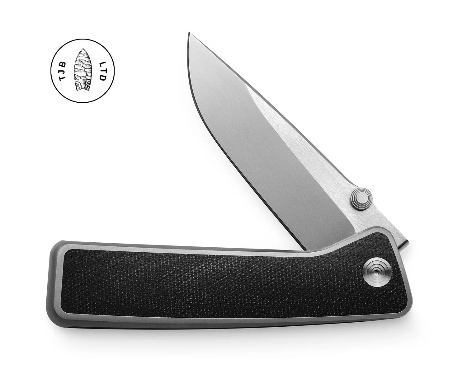 The Barnes integral titanium EDC frame lock folding pocket knife with a black Micarta handle and stainless steel blade.