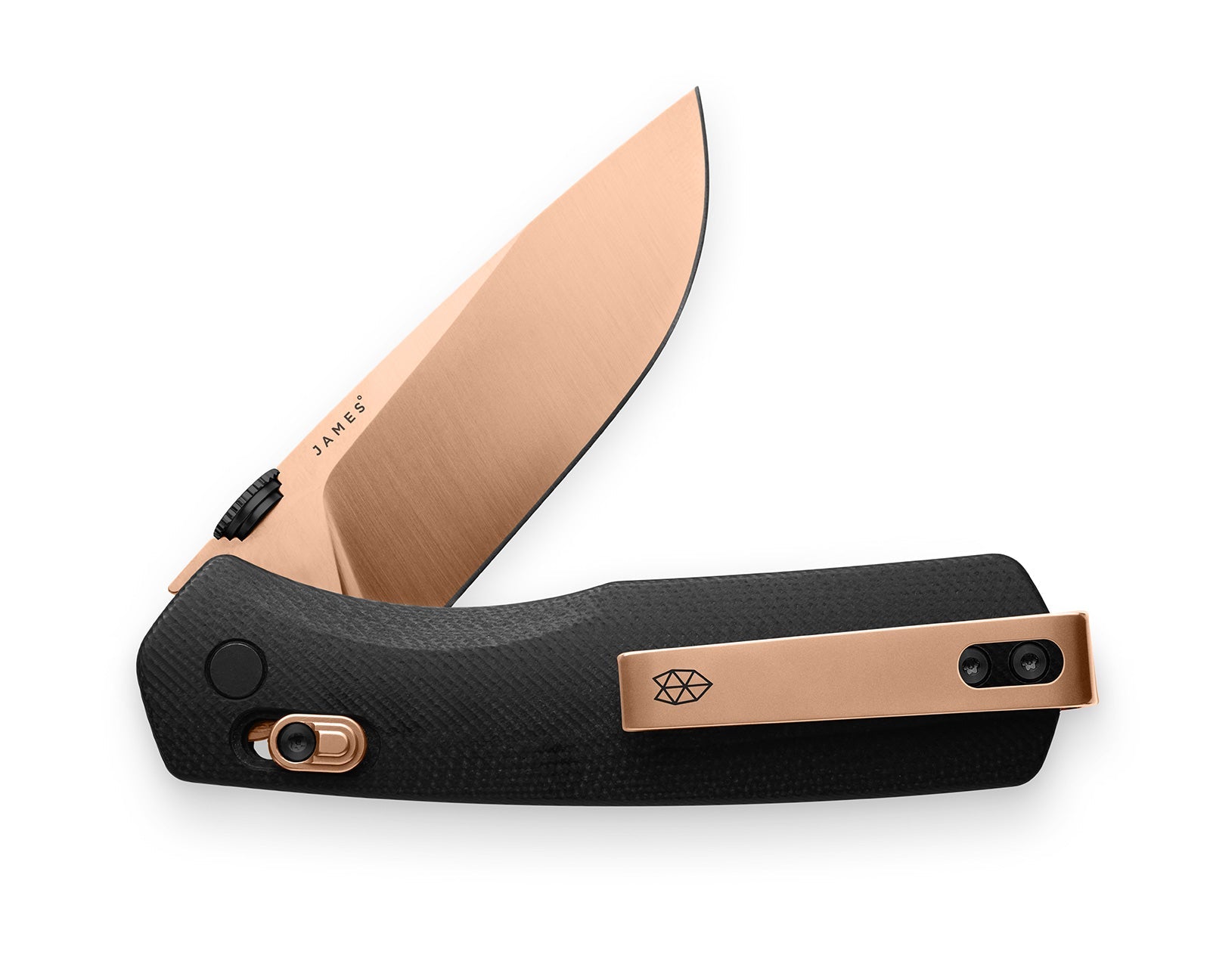 The Carter EDC slide lock folding pocket knife in rose gold and black.