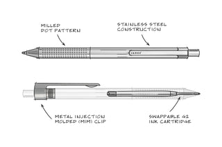 The Burwell EDC click pen technical sketch showing exterior features.