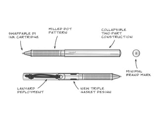 The Burwell EDC click pen technical sketch showing the exterior features.