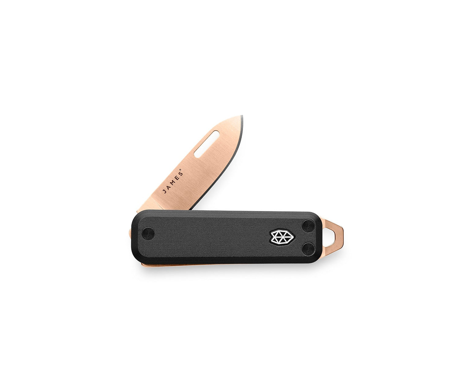 The Elko EDC slip joint keychain folding pocket knife in rose gold and black.