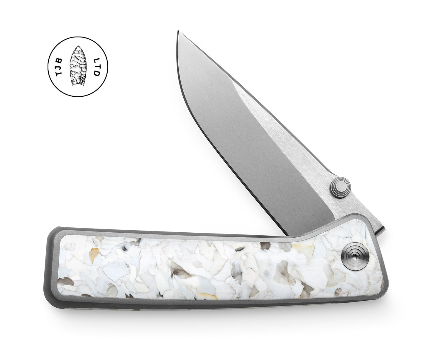 The Barnes integral titanium EDC folding pocket knife with heron scale.