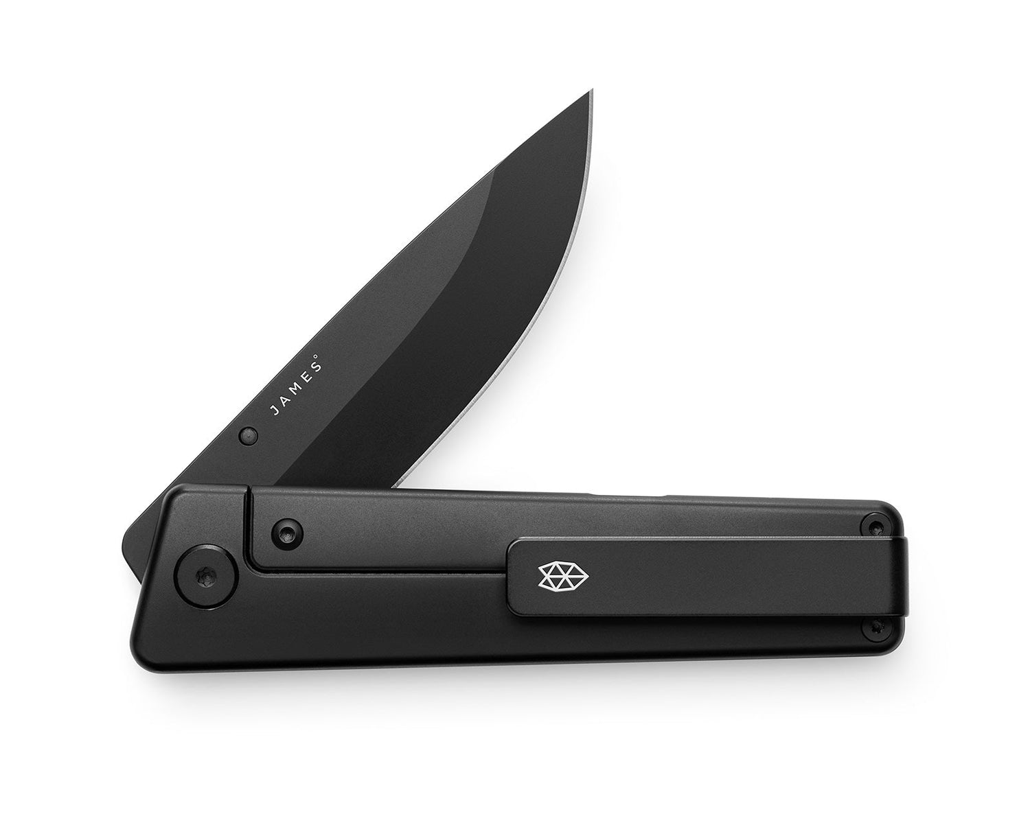 The Chapter 2EDC frame lock titanium folding pocket knife in all black with the clip showing.