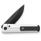 The Chapter 2 EDC frame lock folding pocket knife in bone and black with the pocket clip showing.