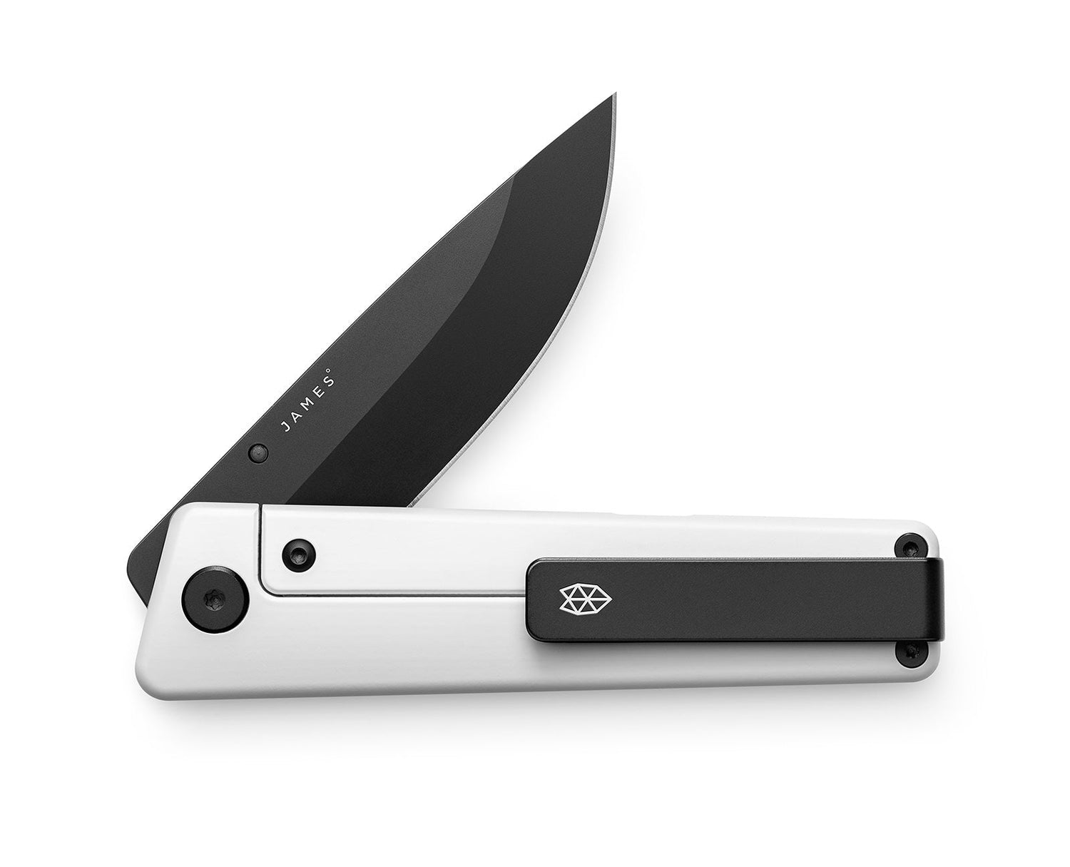 The Chapter 2 EDC frame lock folding pocket knife in bone and black with the pocket clip showing.