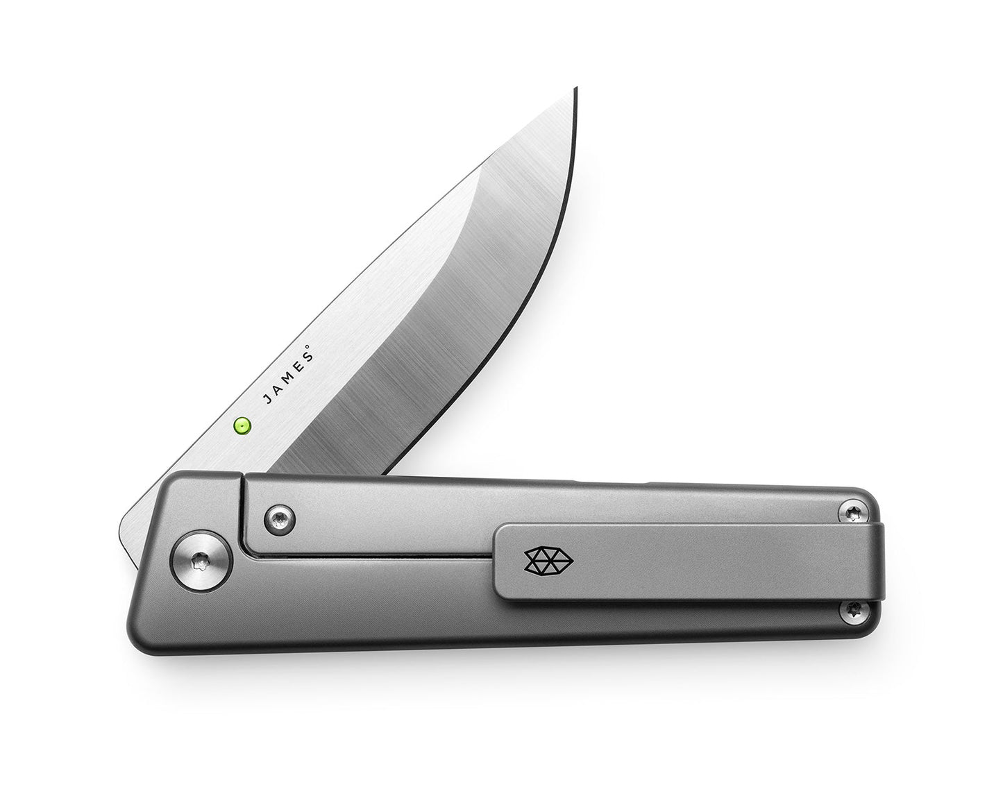 The Chapter 2EDC frame lock titanium folding pocket knife with the clip showing.