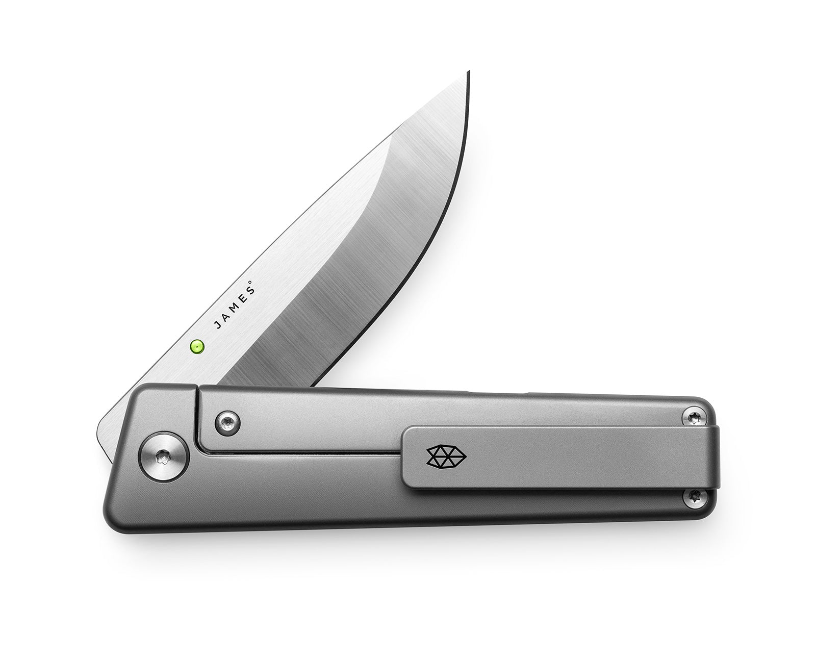 The Chapter 2EDC frame lock titanium folding pocket knife with the clip showing.