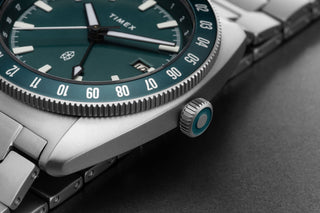 The face of the James x Timex GMT automatic titanium watch.
