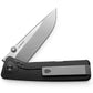 The Barnes integral EDC folding frame lock pocket knife with black handle and stainless steel blade.