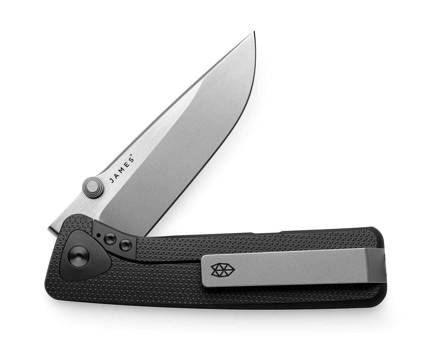 The Barnes integral EDC folding frame lock pocket knife with black handle and stainless steel blade.
