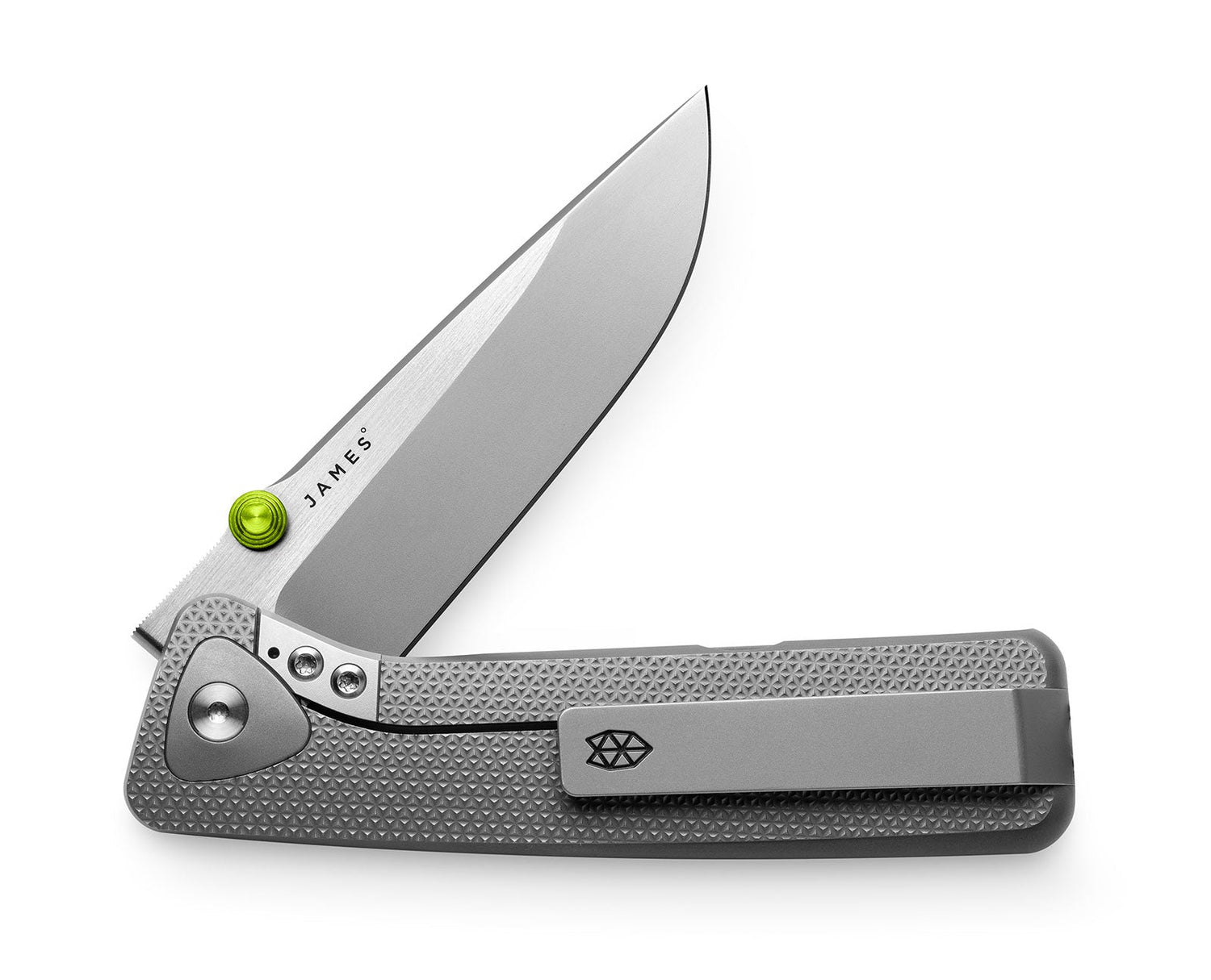 The Barnes integral EDC folding frame lock pocket knife with titanium handle and stainless steel blade.