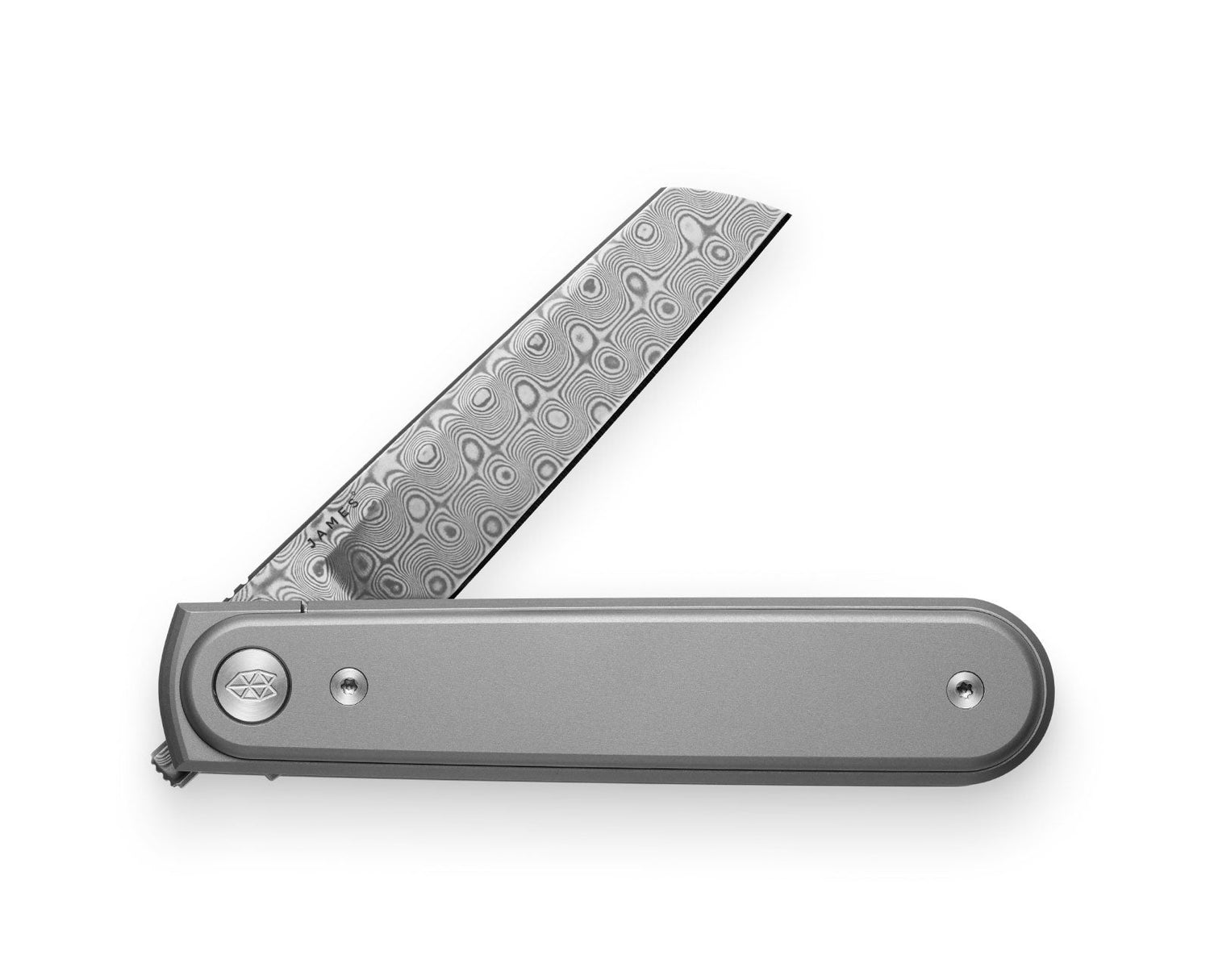 The Duval EDC folding pocket knife with titanium handle and Damascus stainless steel blade.
