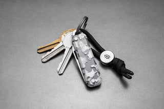 The Elko EDC keychain folding pocket knife with eco acetate scales on a keychain.