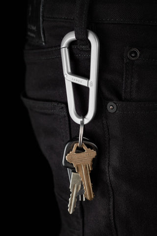 The Hardin EDC keychain carabiner with keys attached to a belt loop.