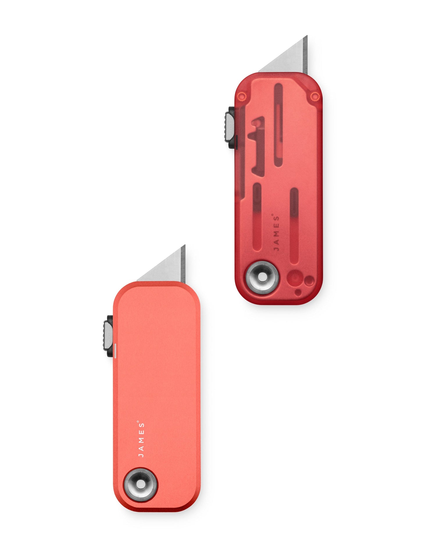 Images showing the clear and aluminum handle options of The Palmer utility box cutter knives.