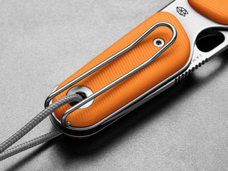 The pocket clip of the tangerine Redstone EDC folding slide lock pocket knife.