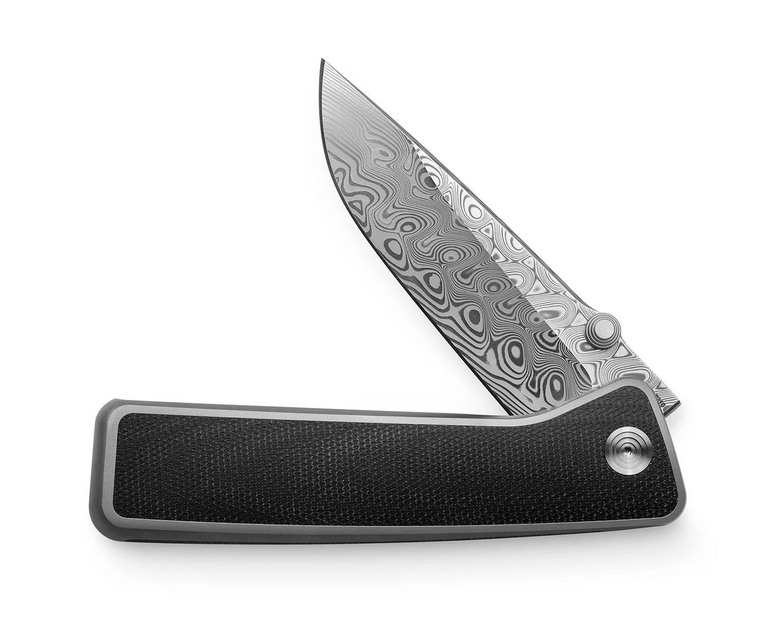 The Barnes integral titanium EDC frame lock folding pocket knife with Micarta handle and Damasteel blade.