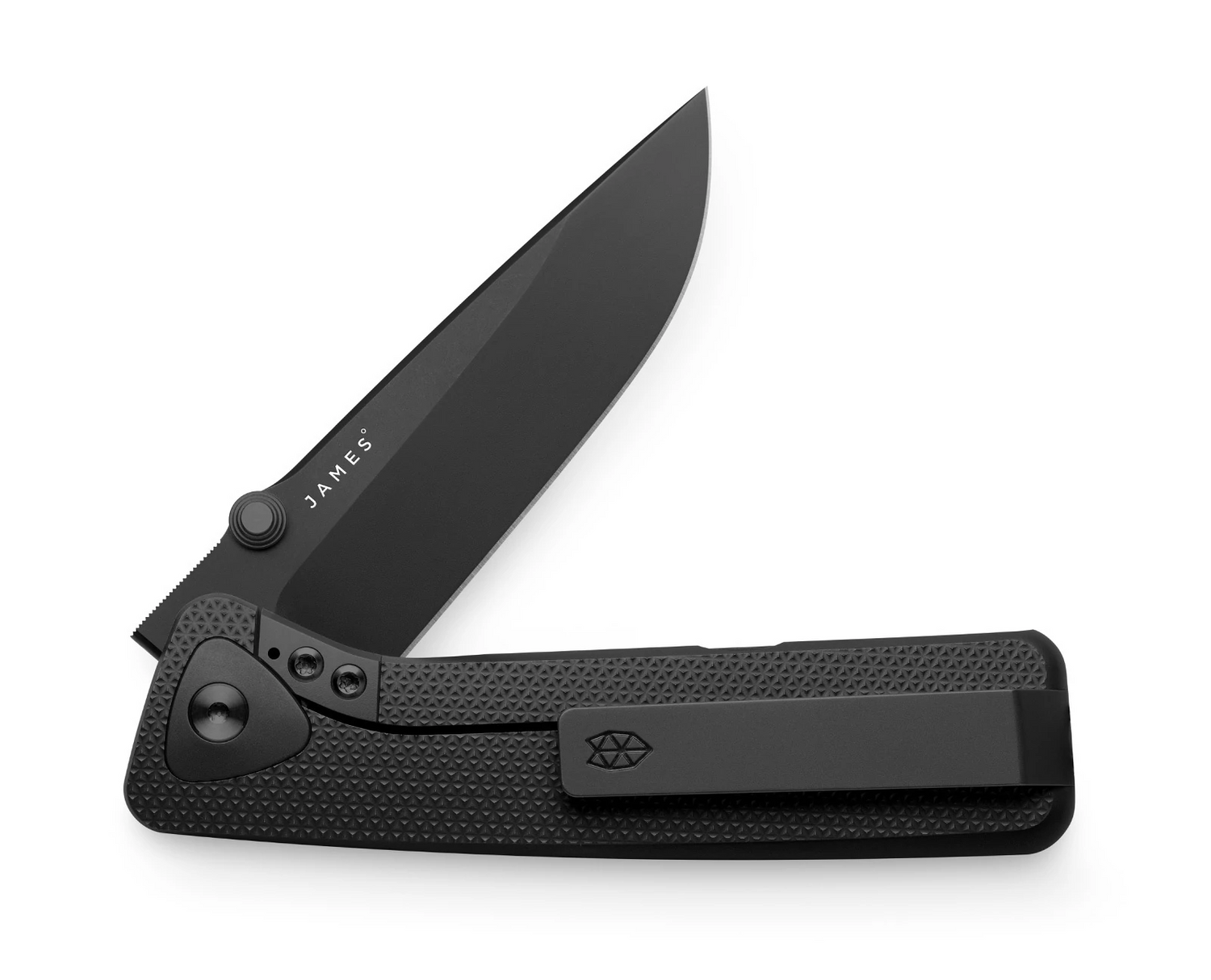 The Barnes integral titanium EDC frame lock folding pocket knife with black handle and black blade.