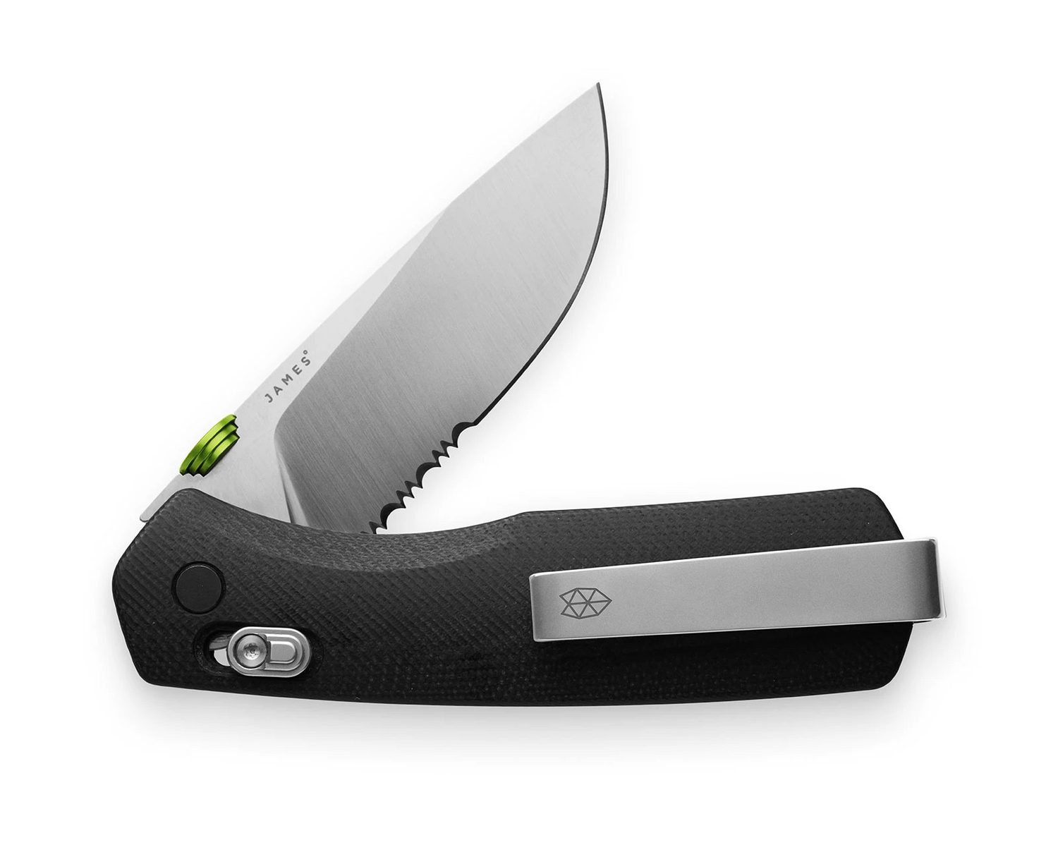 The Carter EDC slide lock folding serrated pocket knife in stainless steel and black.